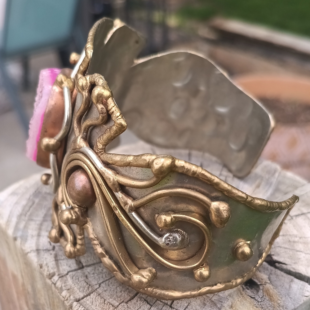 Vtg Mixed Metals Silver Tone Brass Copper Natural Stone Brutalist Cuff Bracelet - Picture 4 of 5